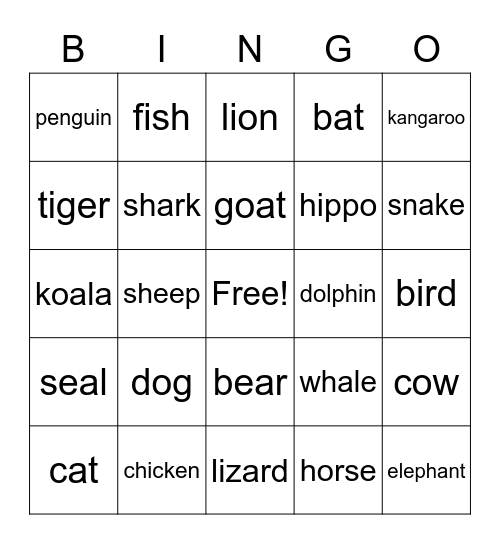 Animals Bingo Card