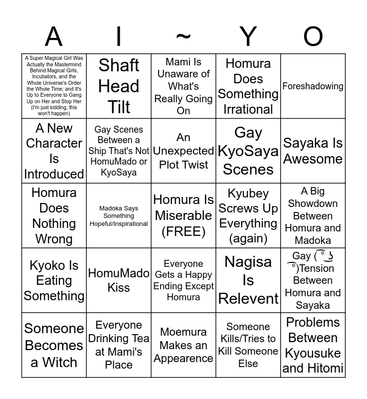 Madoka Magica Season Ii Bingo Bingo Card