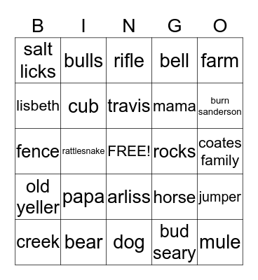 OLD YELLER Bingo Card