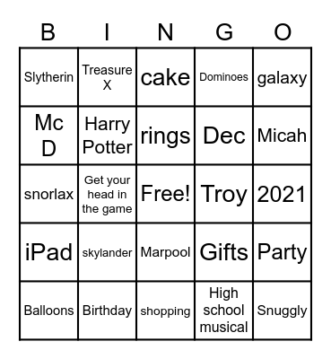 Roo's Birthday Bingo Card