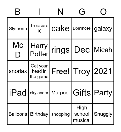 Roo's Birthday Bingo Card
