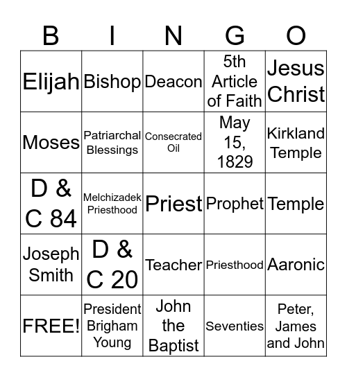 The Priesthood Bingo Card