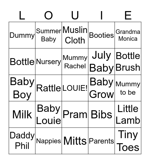 Baby Louie's Baby Shower Bingo Card