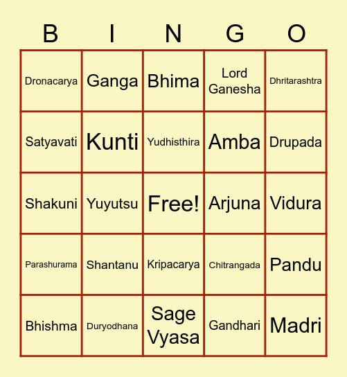 Mahabharata Adi Parva Bingo Card