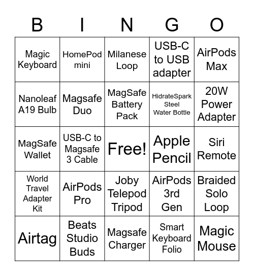 Accessory Bingo Card