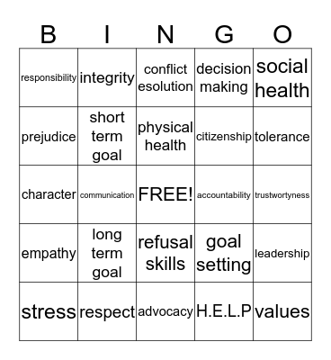 Skills for a healthy life BINGO Card