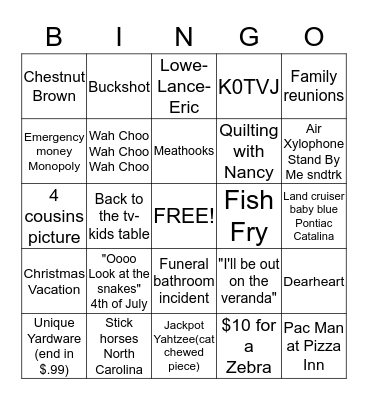 Fun Family Memories Bingo Card