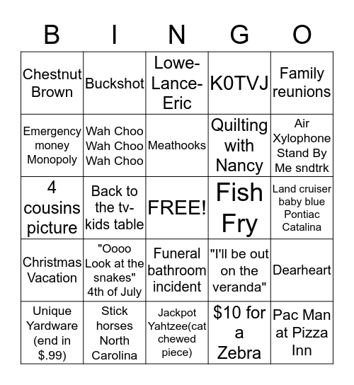 Fun Family Memories Bingo Card