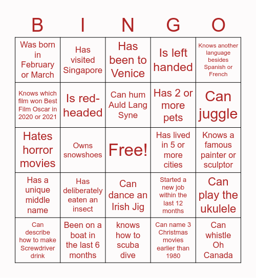 Fun Facts About You! Bingo Card