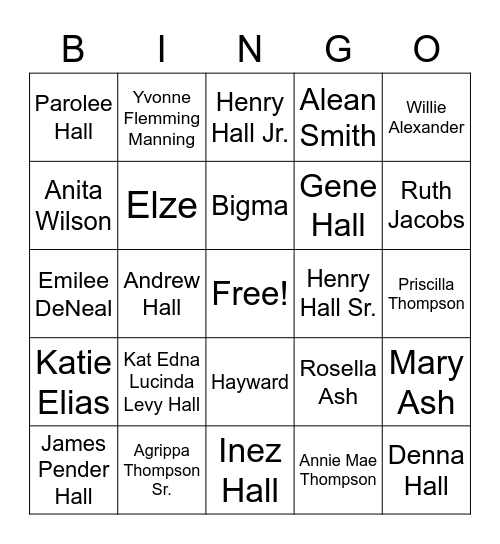 Hall~Thompson Family Bingo Card