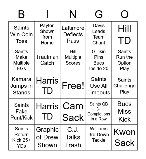 Saints vs Bucs Bingo Card