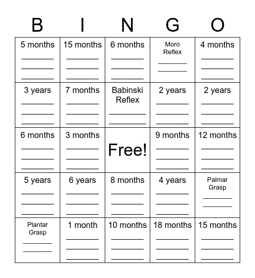 Pediatric Milestones Bingo Card