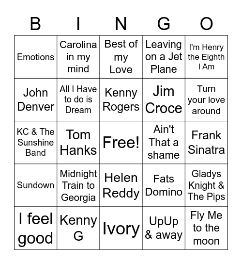 Gm 6 jan 22 Music Down the N and along the bottom Bingo Card