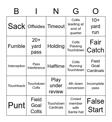 Colts Game Bingo Card
