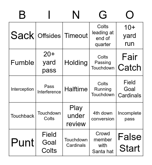 Colts Game Bingo Card