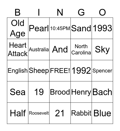 Trivia Bingo Card