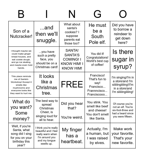 ELF MOVIE Bingo Card