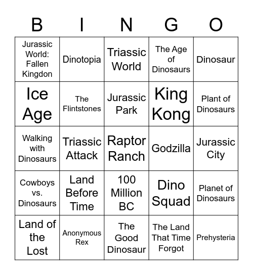 Dino Movie Bingo Card