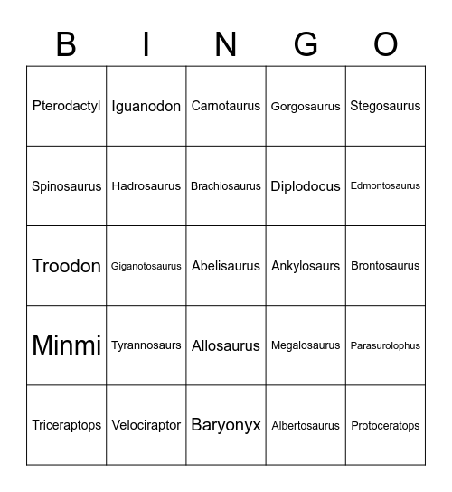 Dinosaur Types Bingo Card