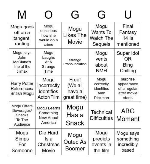 Mogu Die Hard Bingo Card