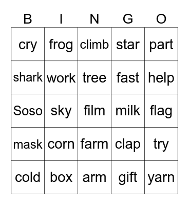 Spelling words Bingo Card