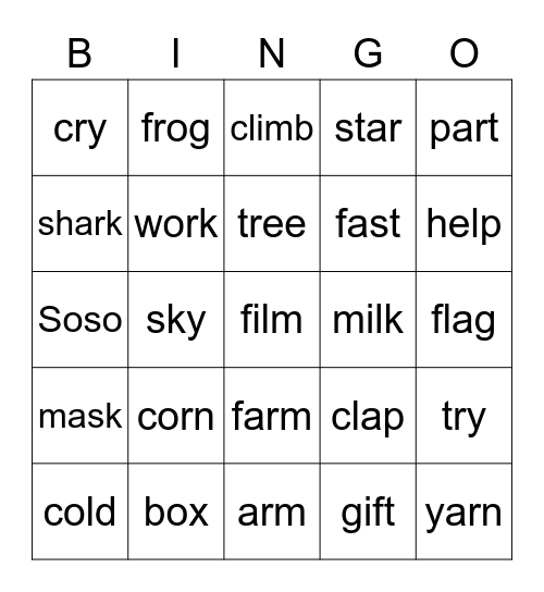 Spelling words Bingo Card