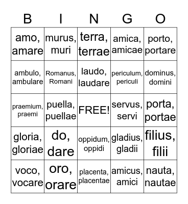 Latin Vocabulary Bingo Card