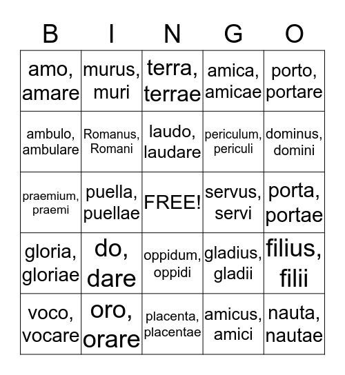 Latin Vocabulary Bingo Card