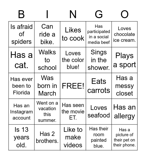 Teen Activity Bingo Card