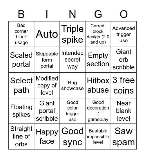 Recent Level Bingo Card