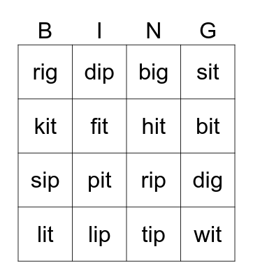 short i Bingo Card