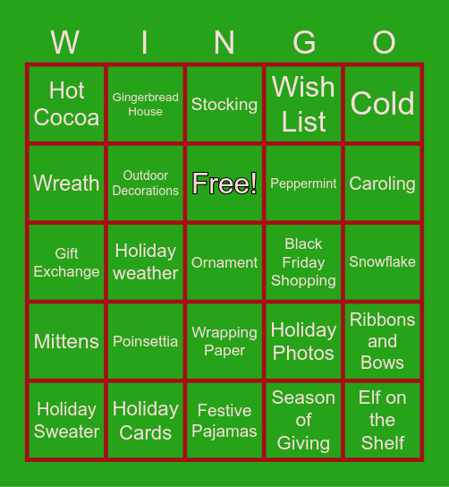 The Wing Holiday Bingo! Bingo Card