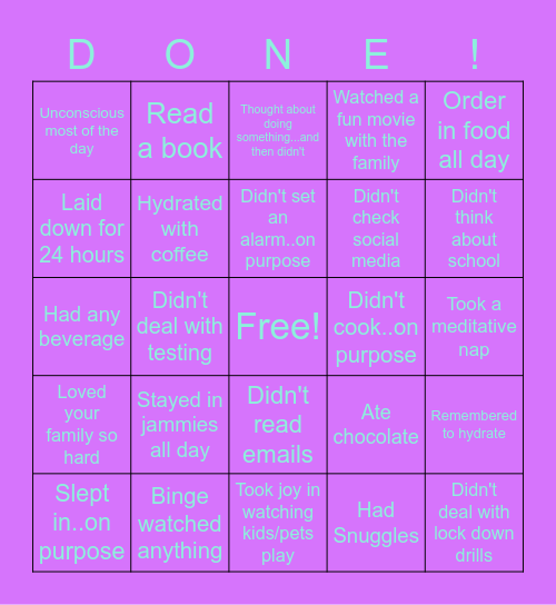 Teacher Winter Break Relaxing Bingo Card