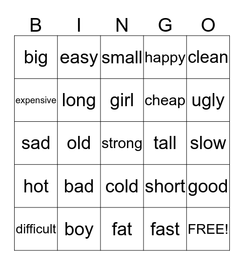 Opposite words Bingo Card