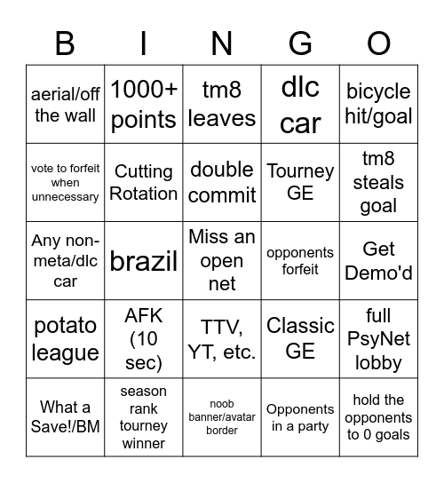 Rocket League Bingo Card