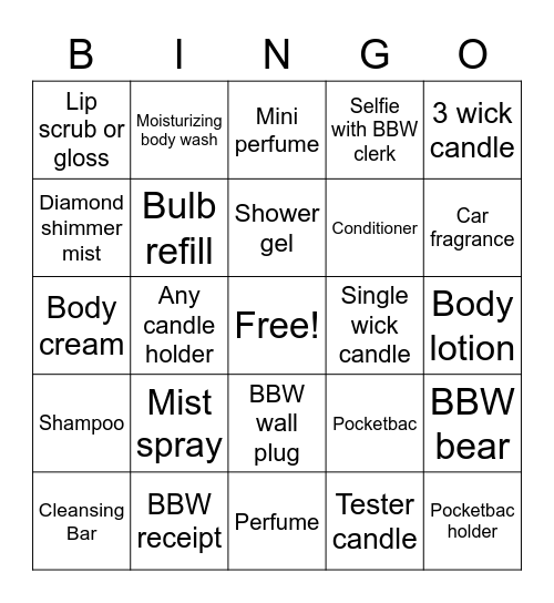 Bath & Body Works Bingo Card