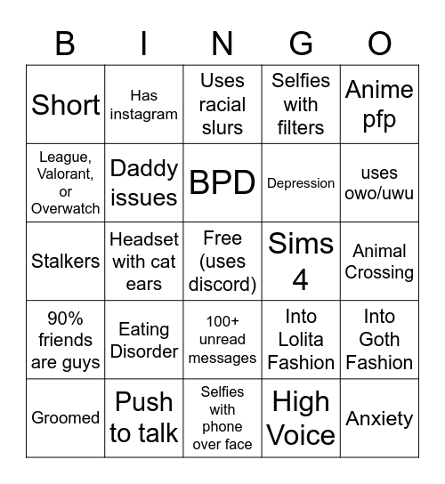 Egirl Bingo Card