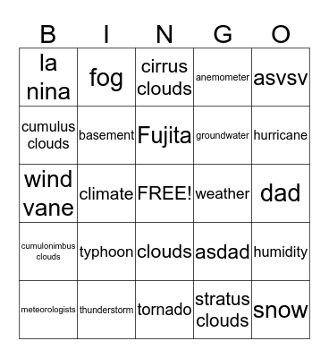 Weather Bingo Card