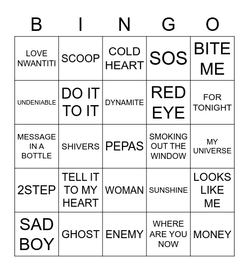 NEW SONGS Bingo Card