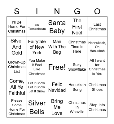 Holiday Singo Bingo Card