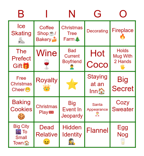 Christmas Hallmark Movie Bingo Card