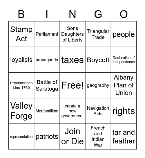 American Revolution Bingo Card