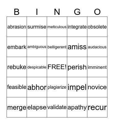 Vocabulary Bingo Card