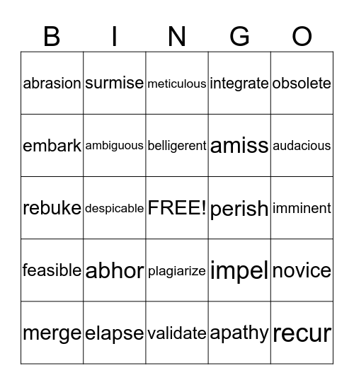 Vocabulary Bingo Card