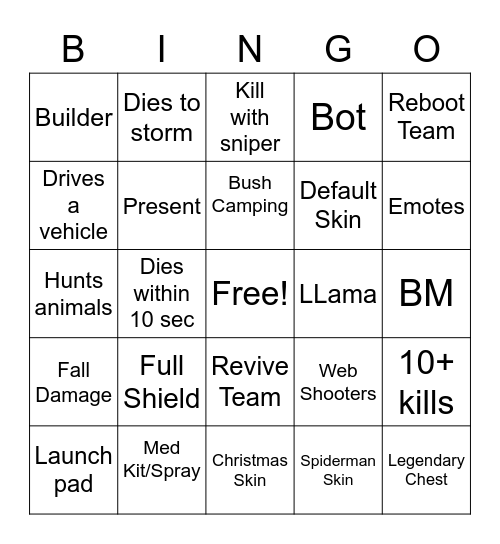 Fortnite Bingo Card