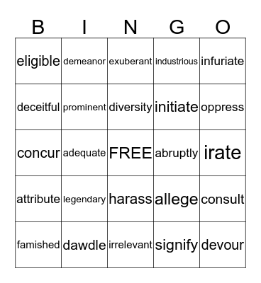 Vocabulary Bingo 7B Bingo Card