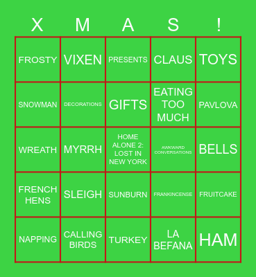 Xmas X-travaganza Bingo Card