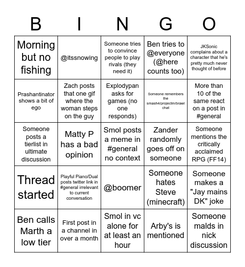 Smash Club Bingo Card