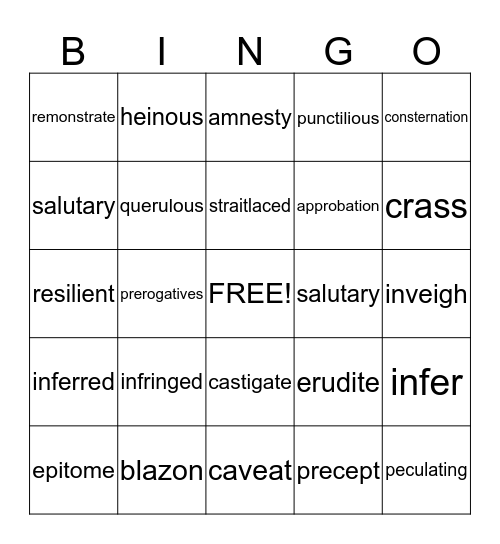 Vocabulary Review Bingo Card