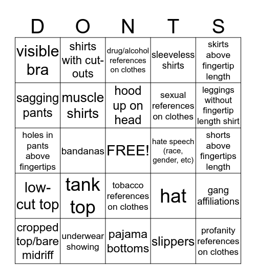 Dress Code Bingo Card